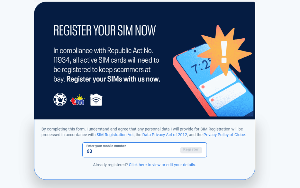 Image of Globe network sim registration. 