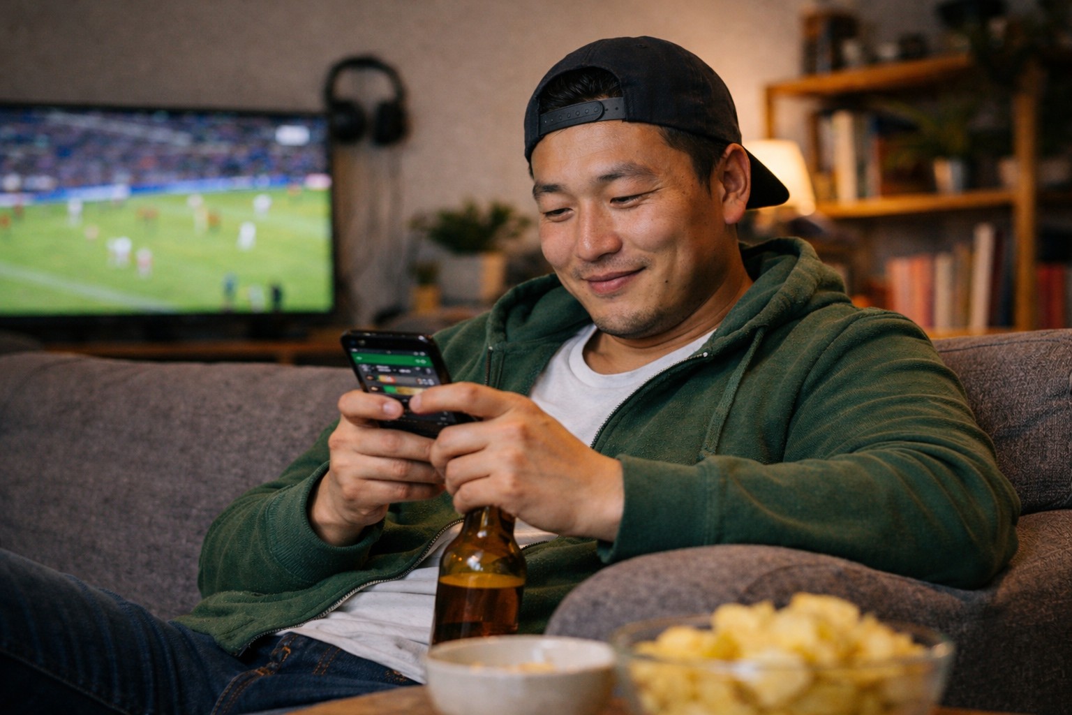 Mongolian man betting on smartphone